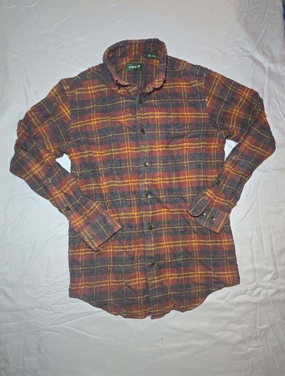 Orvis Plaid Long Sleeve Flannel Shirt Size S Red Yellow